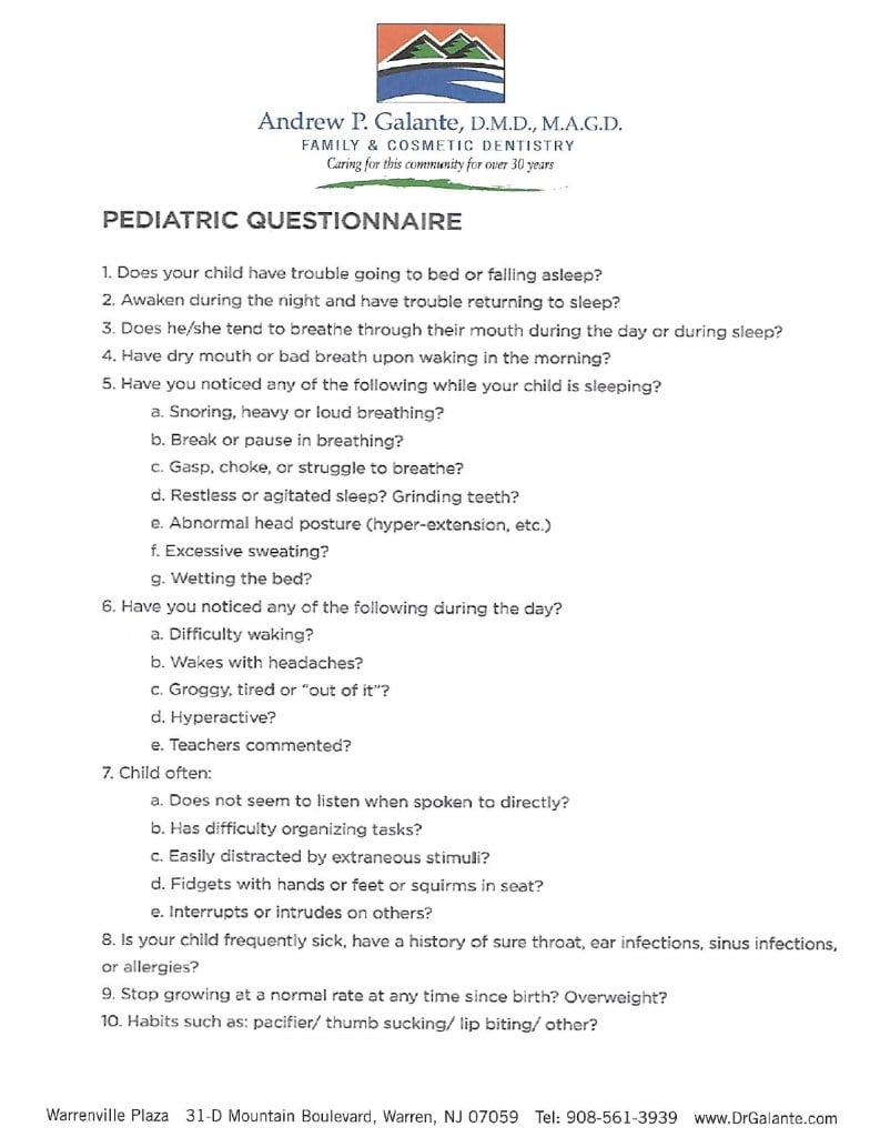 Pediatric Sleep Questionnaire Warren NJ   Andrew P. Galante, DMD, MAGD